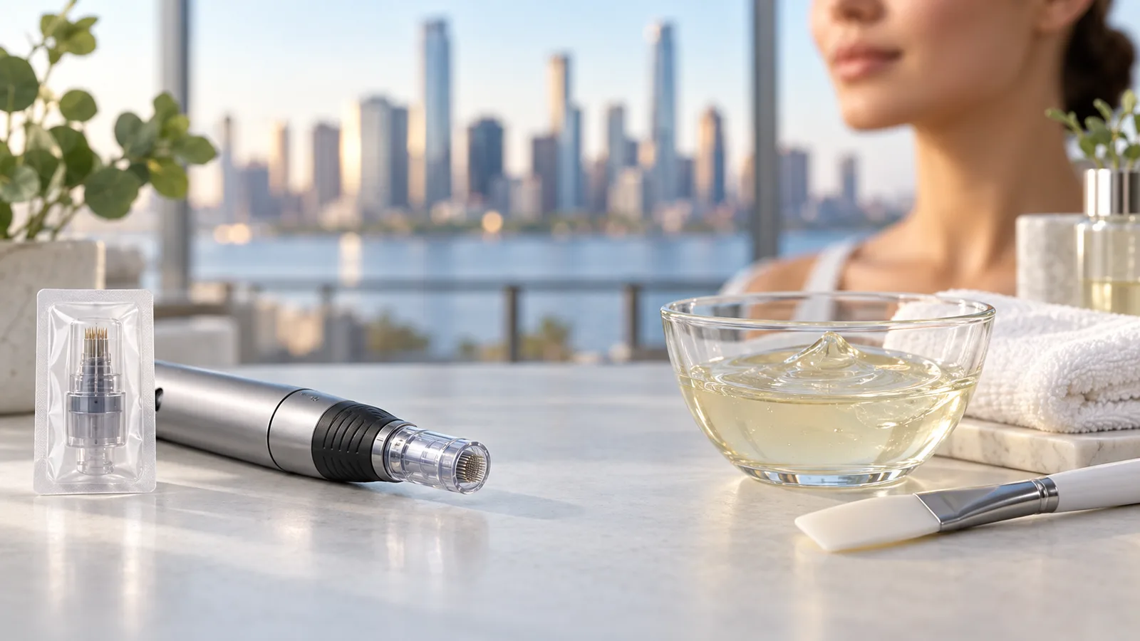 A microneedling pen and packaged needle cartridge beside a bowl of clear serum, with a city skyline across the water.