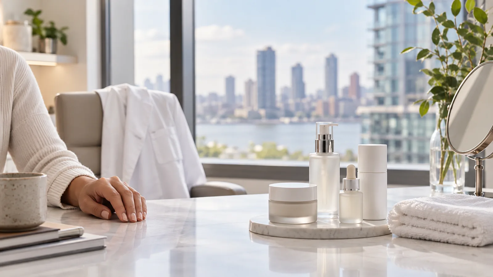 Skincare bottles on a marble tray and a white coat draped over a chair by a window facing a river skyline.
