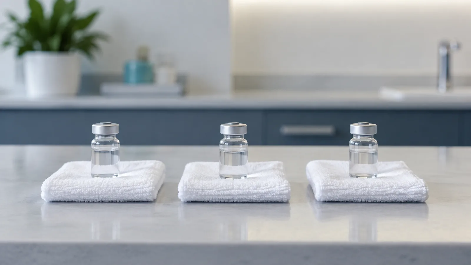 Three small glass vials stand in a row, each on a folded white towel, on a pale clinic counter.