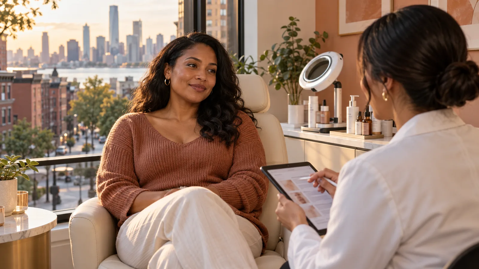 A woman in a rust sweater sits in a treatment chair talking with a clinician holding a tablet, city skyline outside.