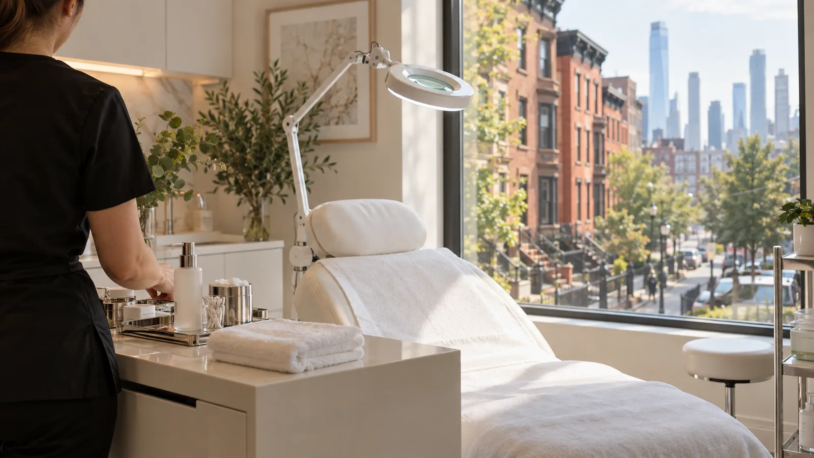 A clinician in black prepares products beside a towel-draped treatment chair and magnifying lamp at a window overlooking brownstones.