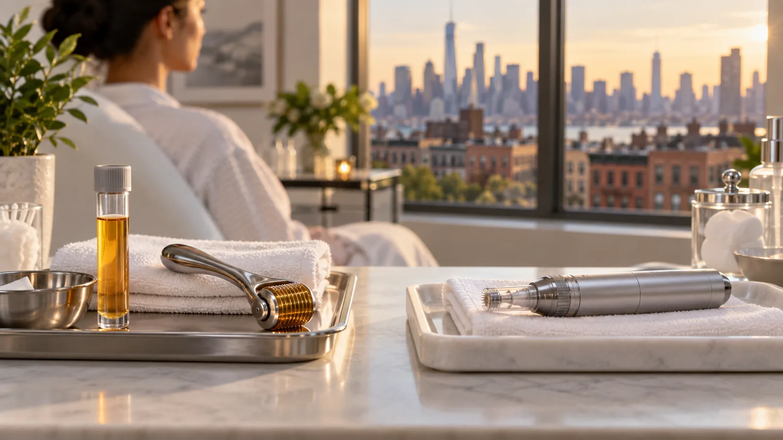 A microneedle roller, oil vial, and pen device on towel-lined trays, with a robed client by a skyline window behind.