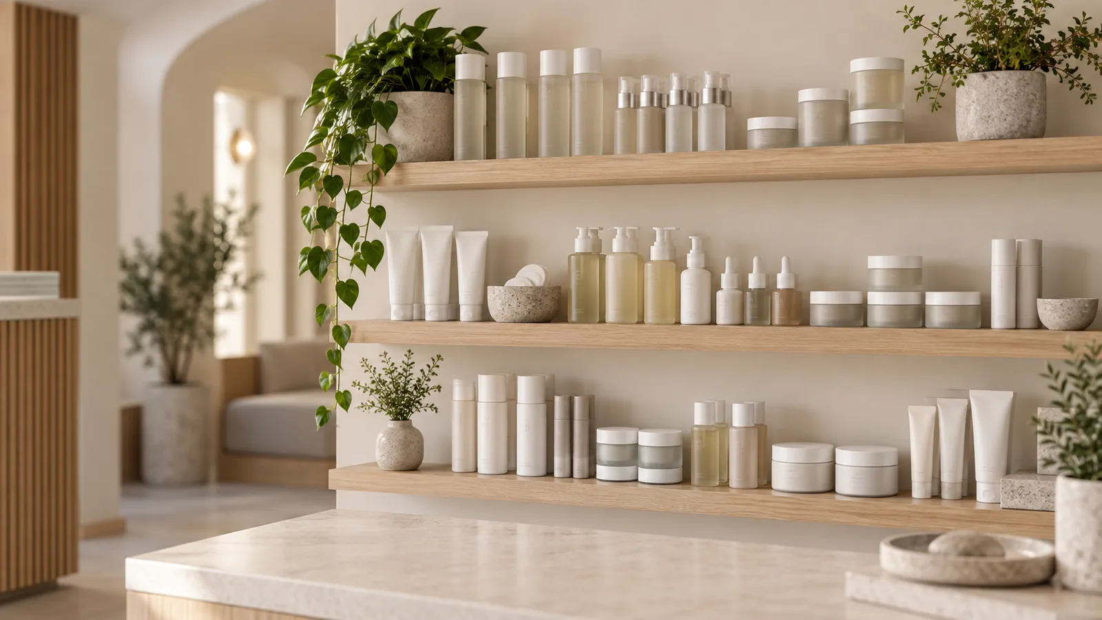 Pale wooden wall shelves lined with rows of white and frosted skincare bottles, tubes, and jars, with trailing plants.