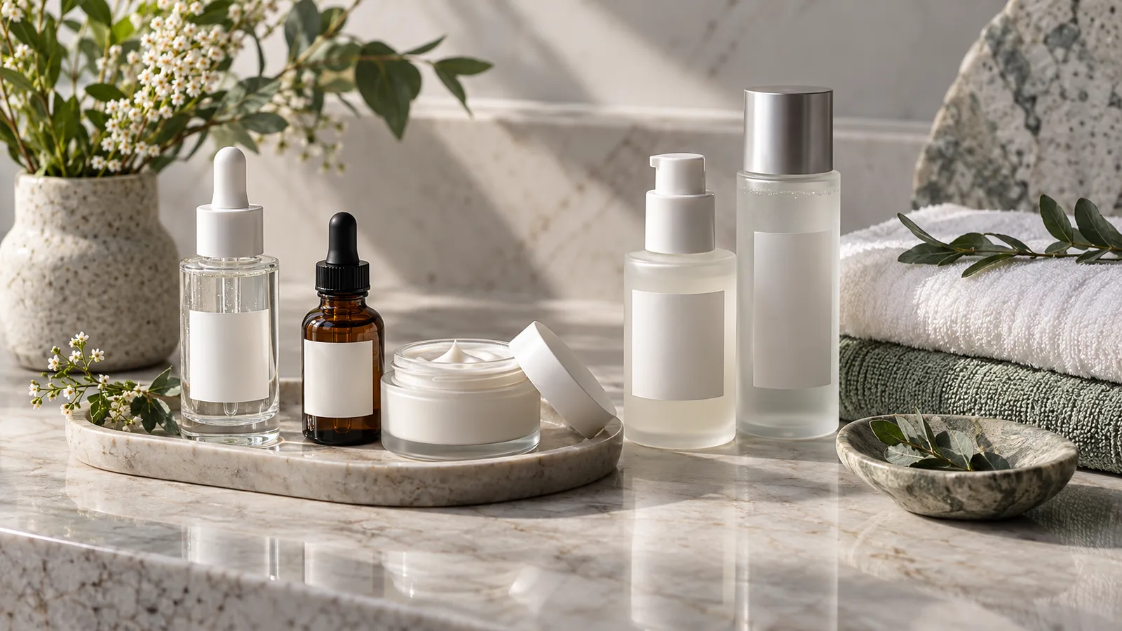 Dropper bottles, an open cream jar, and pump bottles with blank labels on a stone tray beside folded towels.