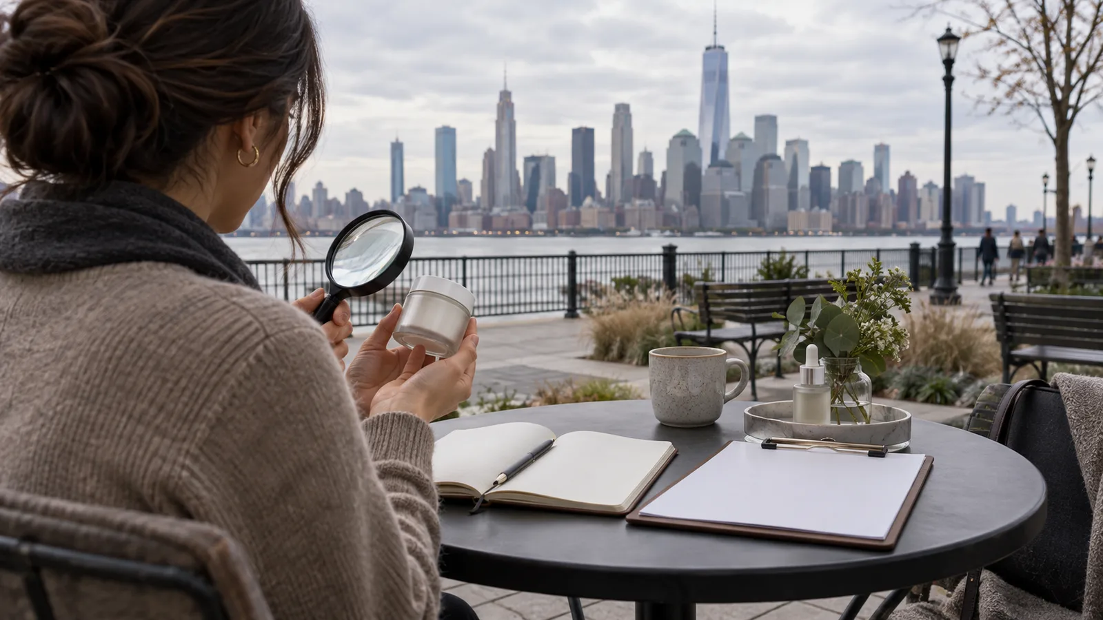 A woman at an outdoor riverside table studies a cream jar with a magnifying glass, a city skyline across the water.